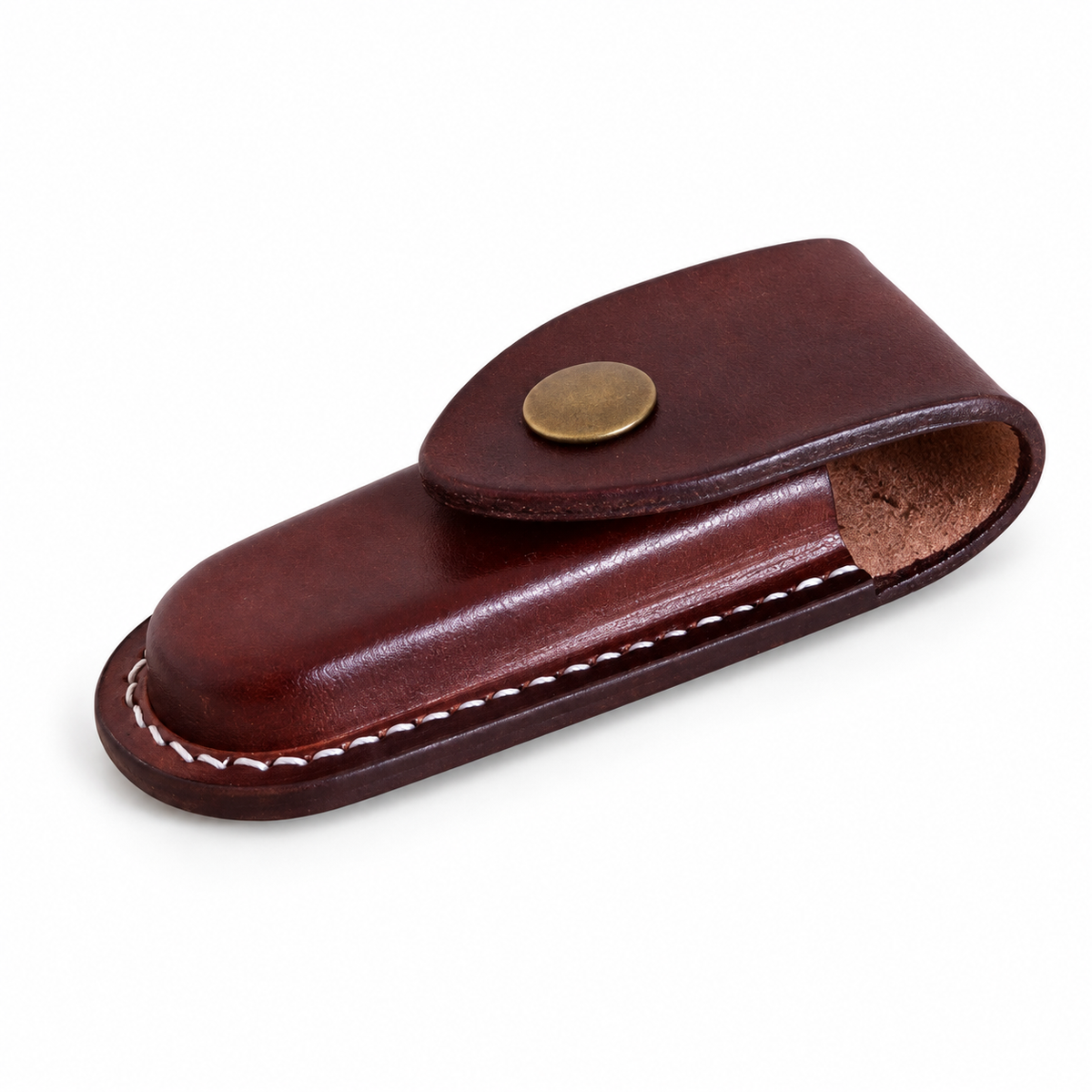 93mm Handmade Vegetable-Tanned Leather Belt Sheath for SAK - Black or Brown - Brown Snap Closure 1 Layer for SAK Without Ring