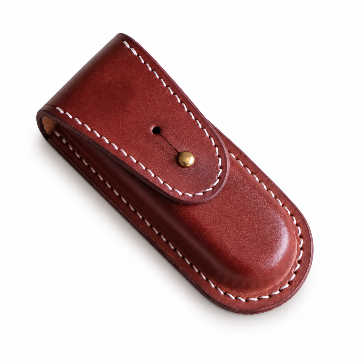 91mm SAK Vegetable-Tanned Cowhide Leather Case for 2-4 Layer Knives - 91mm Spartan Brown Button-Stud Closure 2-Layer Fit