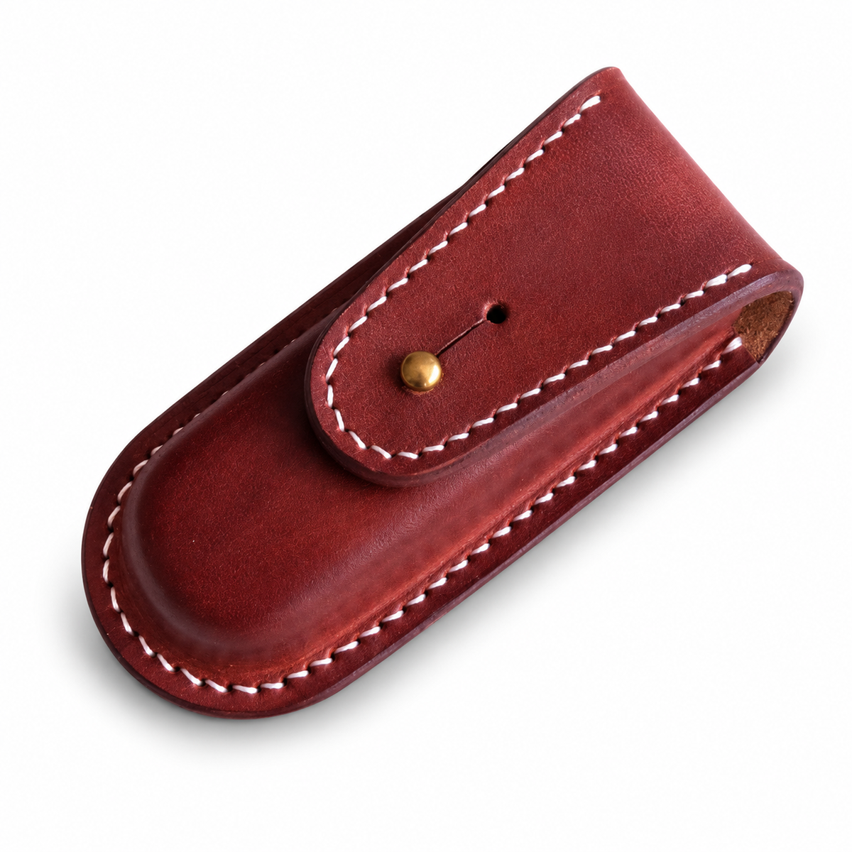 91mm SAK Ranger Vegetable-Tanned Leather Sheath - Brown Angled Flap Button-Stud Closure