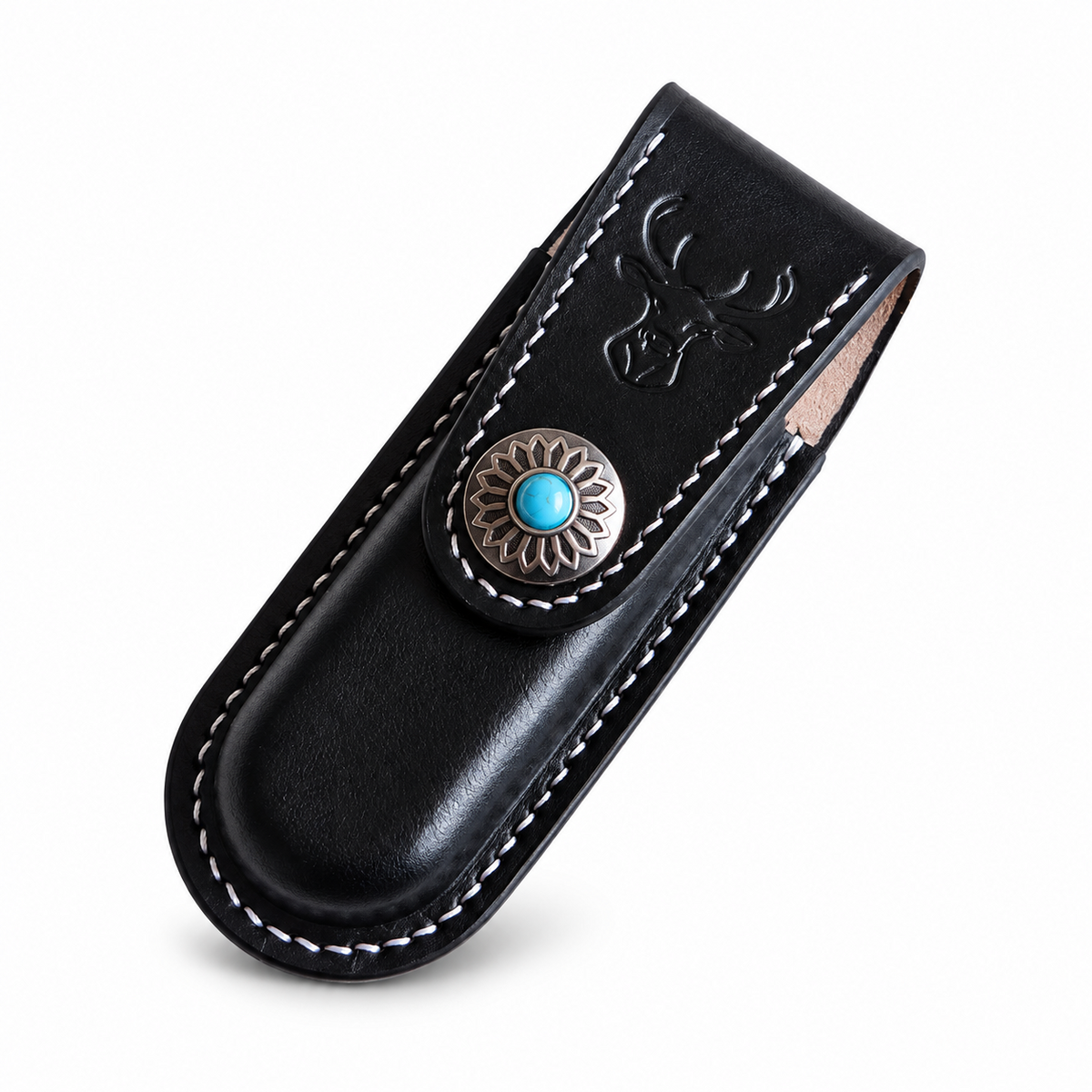 111mm SAK Hunter Vegetable-Tanned Leather Sheath - Black Snap Closure - Deer Embossed