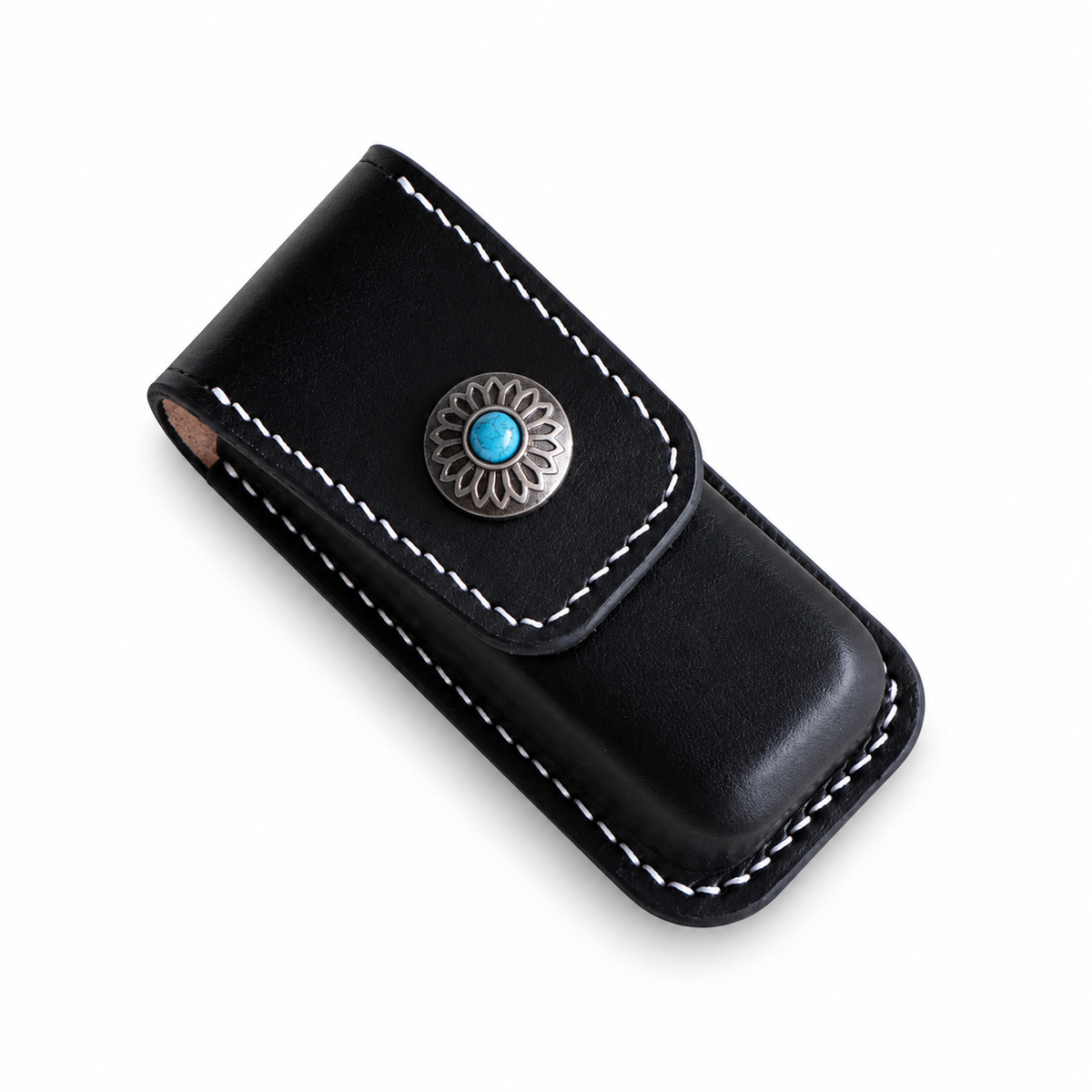91mm SAK Handmade Vegetable-Tanned Cowhide Leather Sheath - 6 Styles - Black - Snap Closure