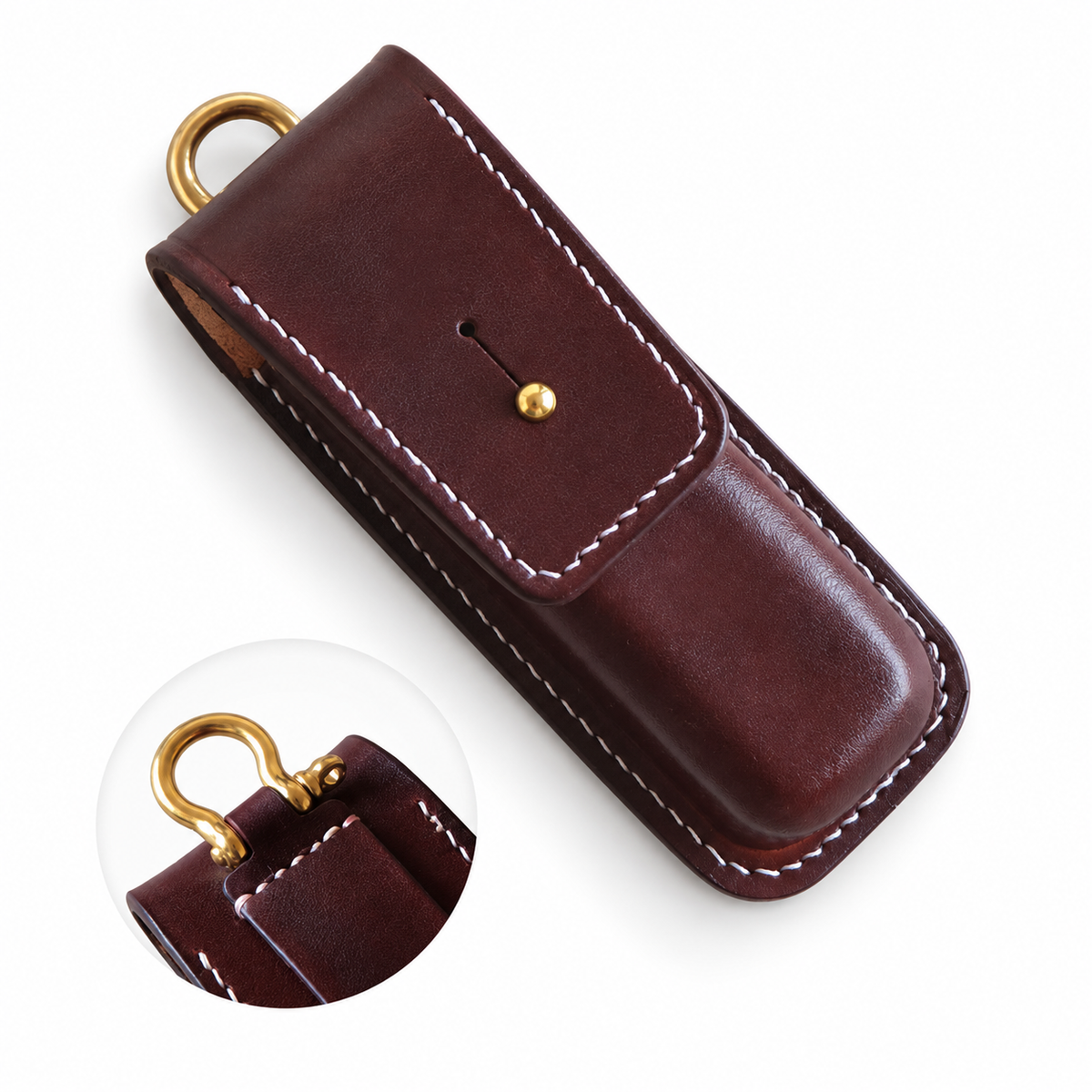 130mm SAK Vegetable-Tanned Cowhide Leather Sheath for 3-4 Layer Knives - 130mm SAK 4-Layer Brown Button-Stud + Horseshoe Buckle