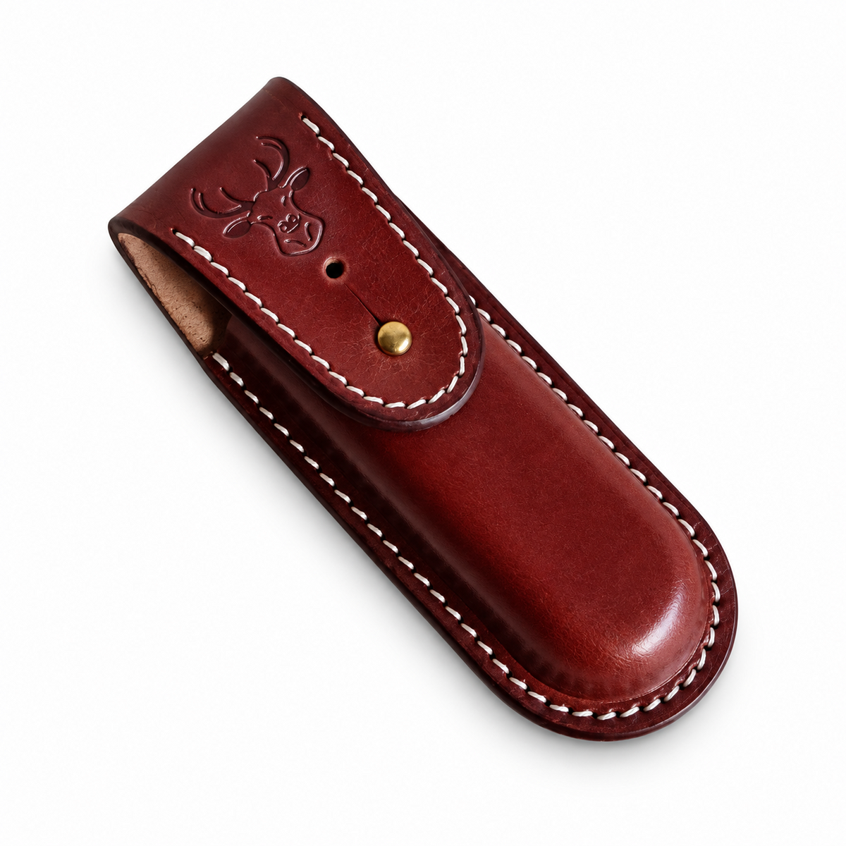 111mm SAK Hunter Vegetable-Tanned Leather Sheath - Brown Button-Stud Closure - Deer Embossed