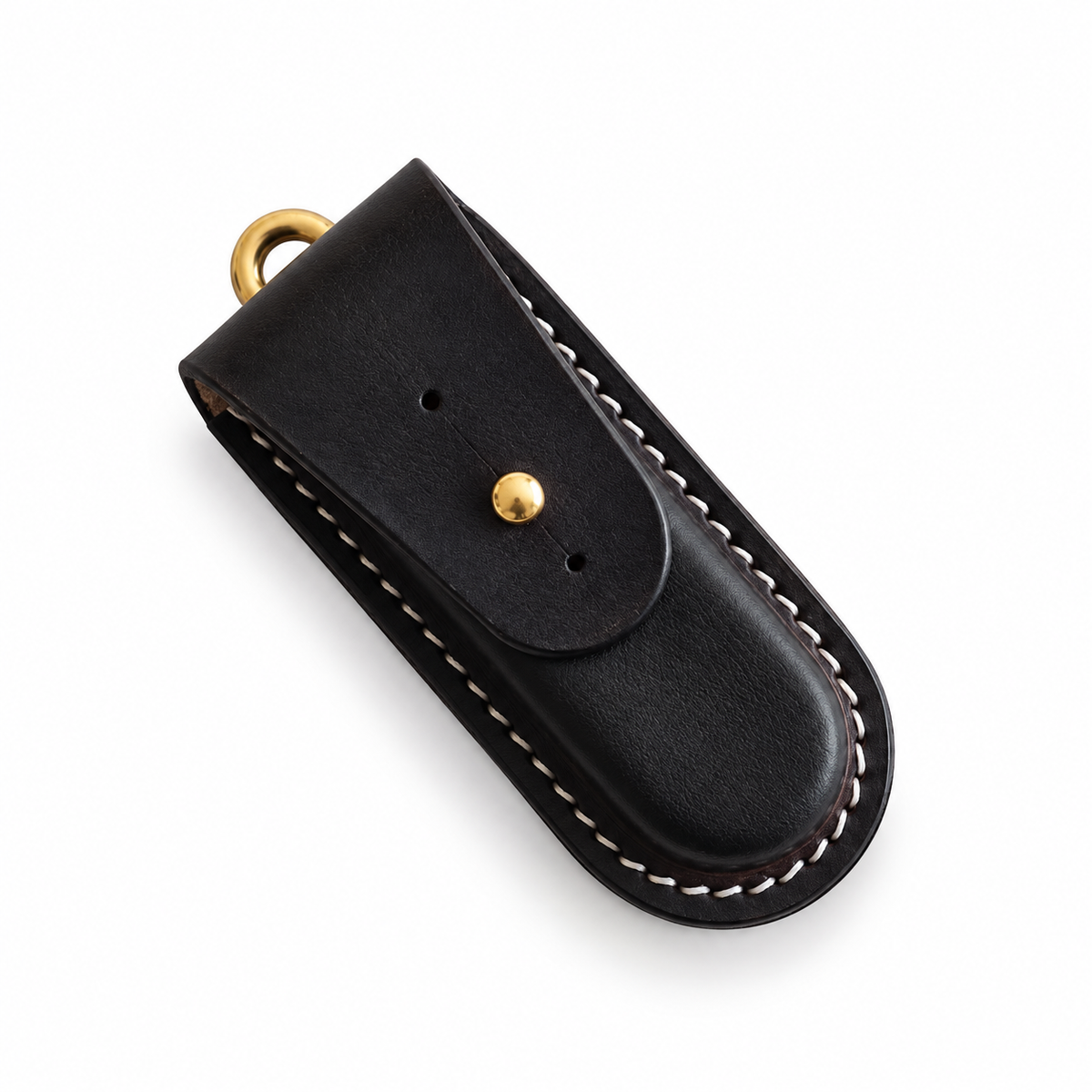 84mm SAK Vegetable-Tanned Cowhide Leather Sheath - Aluminum Handle Lightweight Boxer - Black - Button-Stud Closure