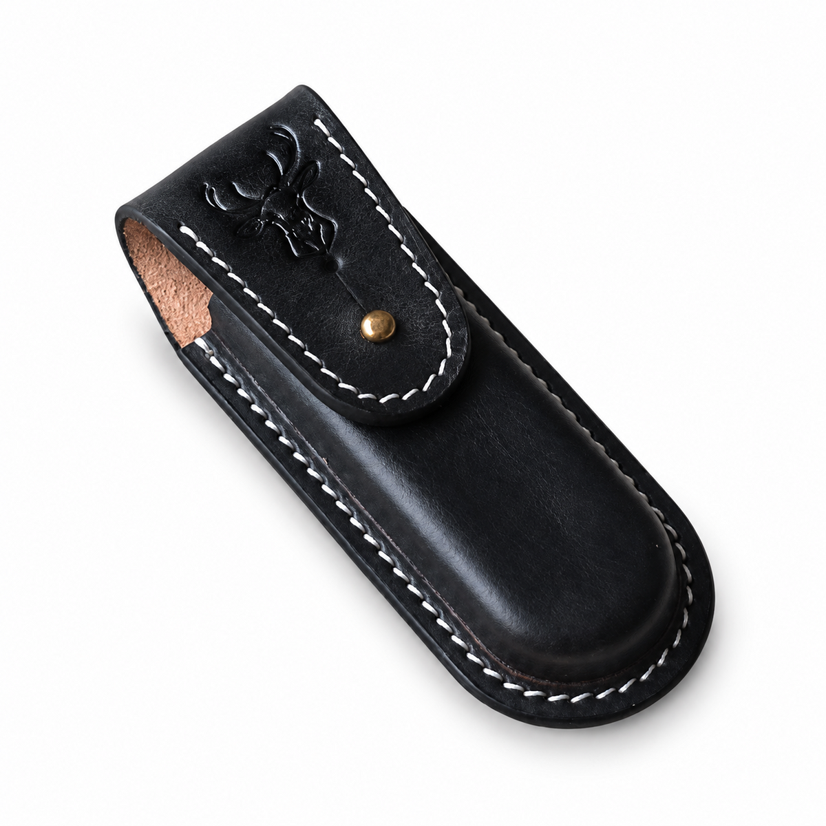 111mm SAK Hunter Vegetable-Tanned Leather Sheath - Black Button-Stud Closure - Deer Embossed