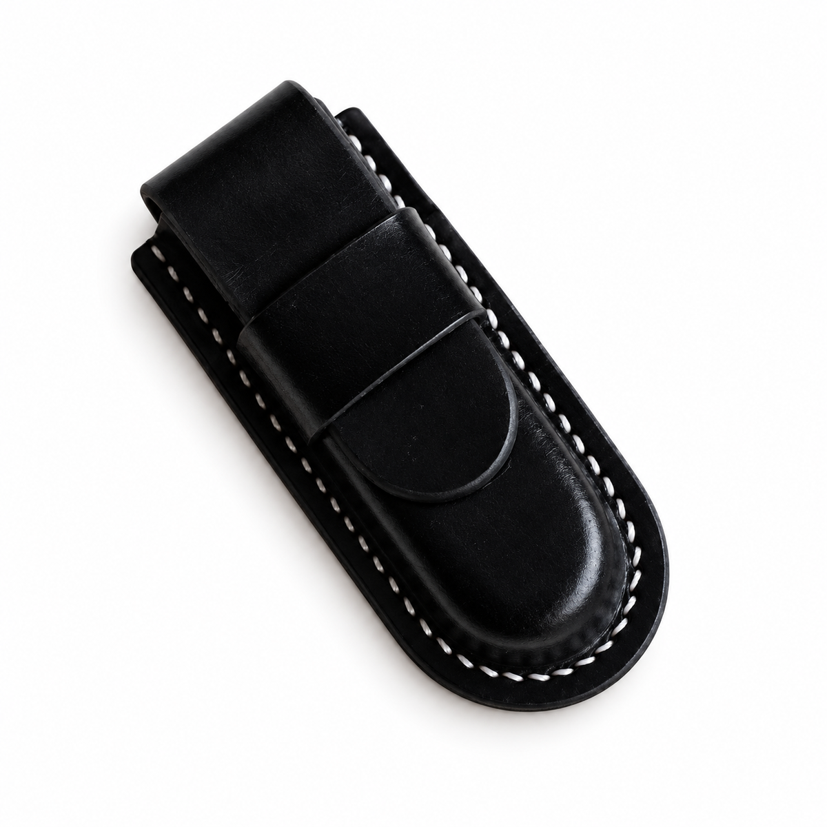 91mm SAK Handmade Vegetable-Tanned Cowhide Case for 2-4 Layer Knives - Black · Leather Closure · 2-Layer Fit
