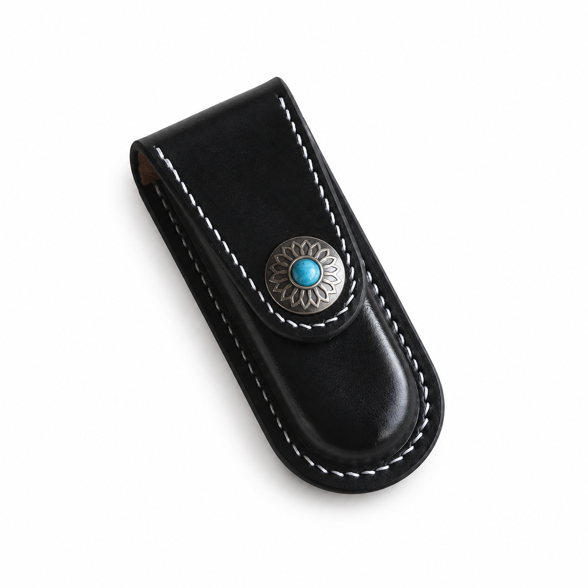 91mm SAK Handmade Vegetable-Tanned Cowhide Case for 2-4 Layer Knives - Black · Snap Closure · 2-Layer Fit