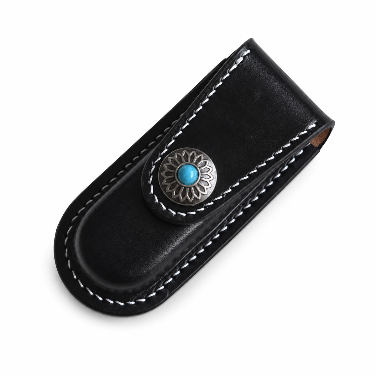 91mm SAK Handmade Vegetable-Tanned Cowhide Case for 2-4 Layer Knives - Black · Snap Closure · 3-Layer Fit