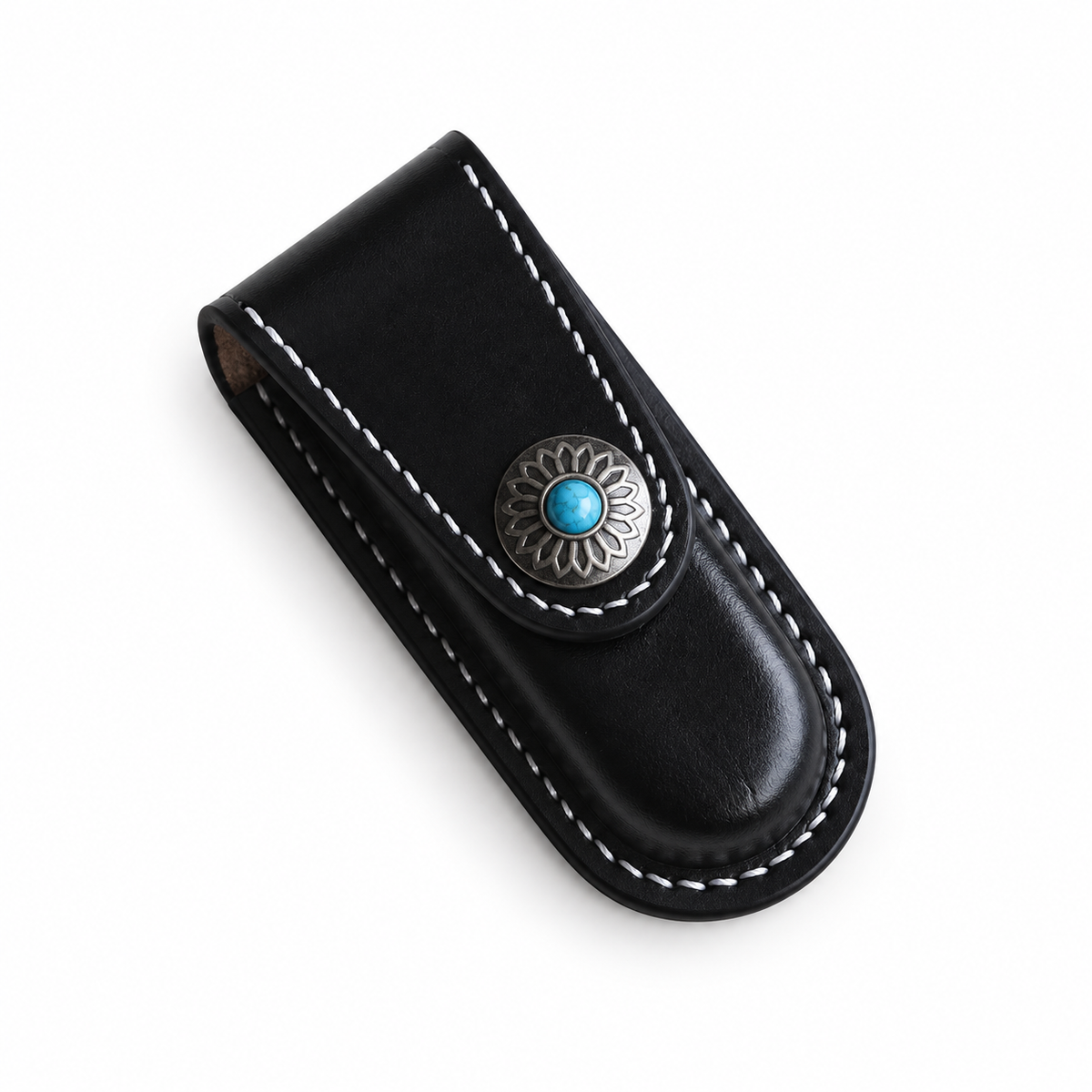 91mm SAK Handmade Vegetable-Tanned Cowhide Case for 2-4 Layer Knives - Black · Snap Closure · 4-Layer Fit