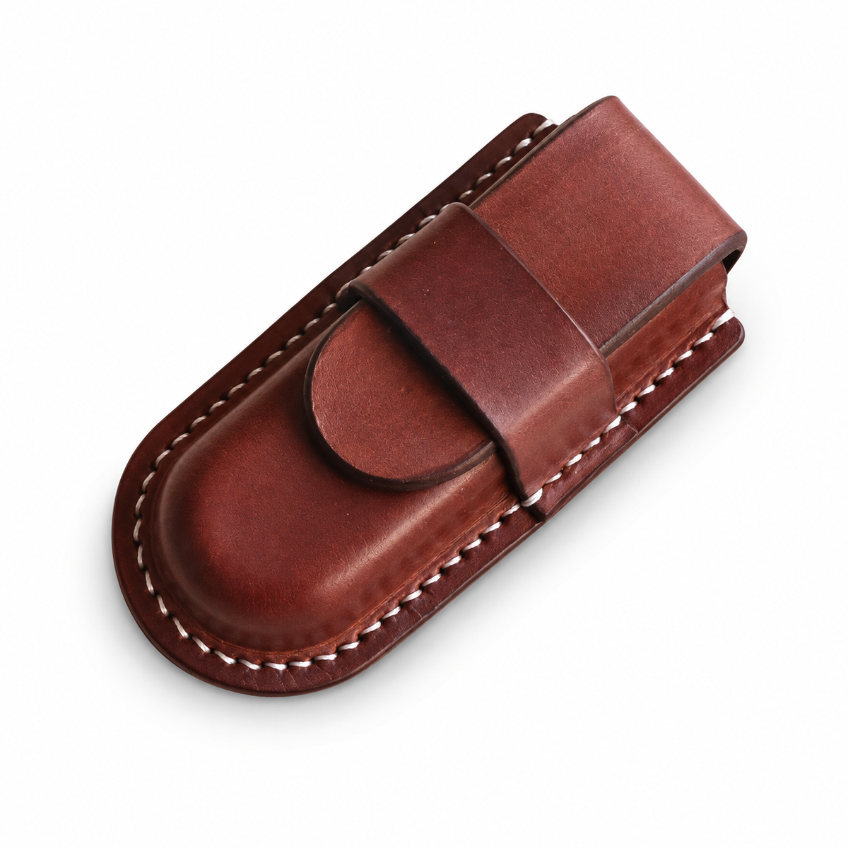 91mm SAK Handmade Vegetable-Tanned Cowhide Case for 2-4 Layer Knives - Brown · Leather Closure · 3-Layer Fit