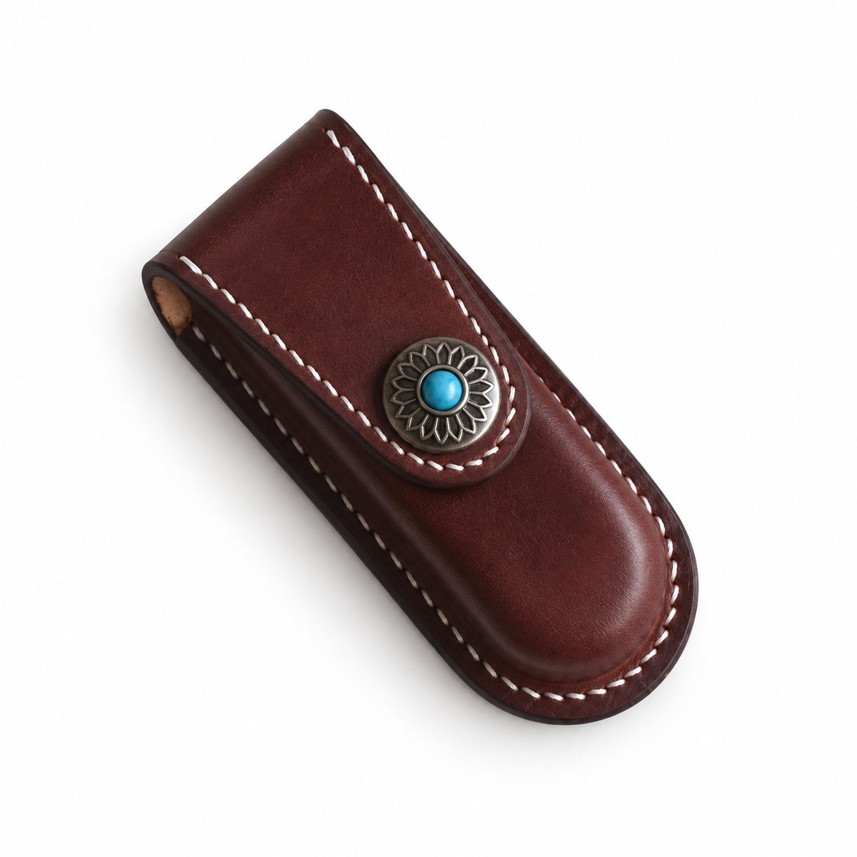 91mm SAK Handmade Vegetable-Tanned Cowhide Case for 2-4 Layer Knives - Brown · Snap Closure · 2-Layer Fit
