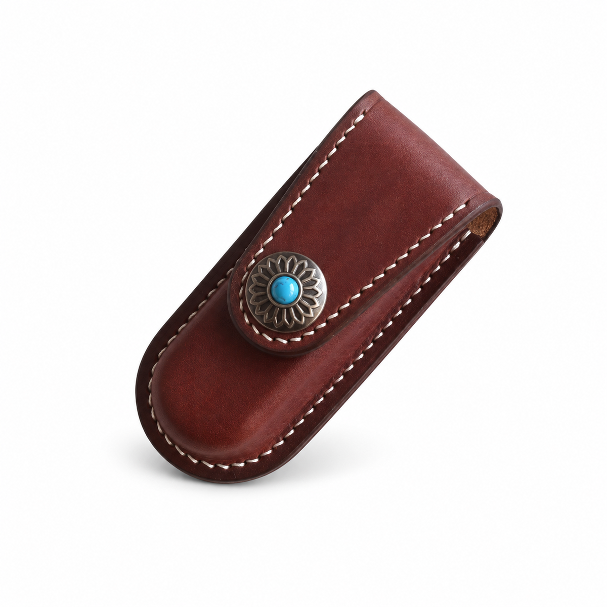 91mm SAK Handmade Vegetable-Tanned Cowhide Case for 2-4 Layer Knives - Brown · Snap Closure · 3-Layer Fit