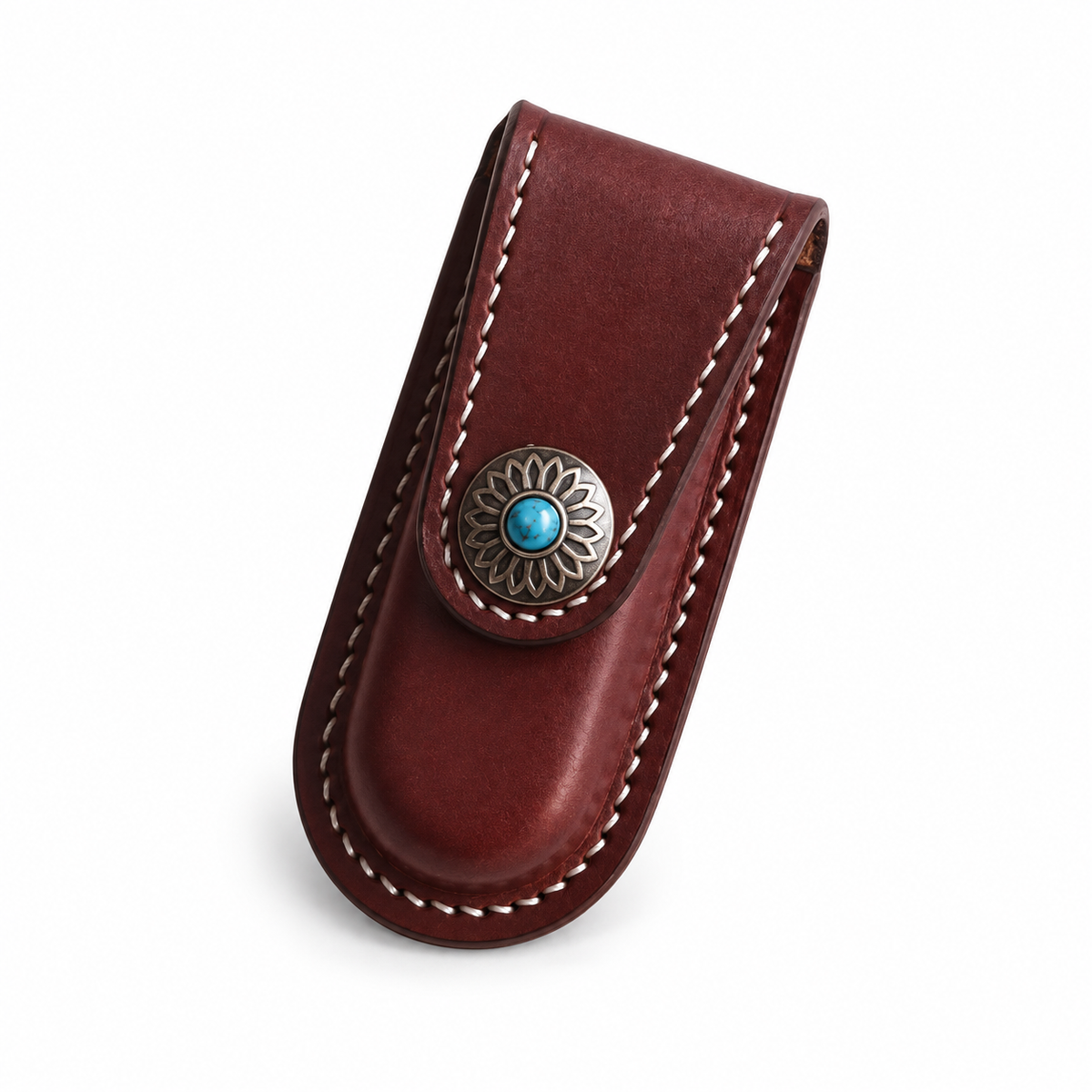 91mm SAK Handmade Vegetable-Tanned Cowhide Case for 2-4 Layer Knives - Brown · Snap Closure · 4-Layer Fit