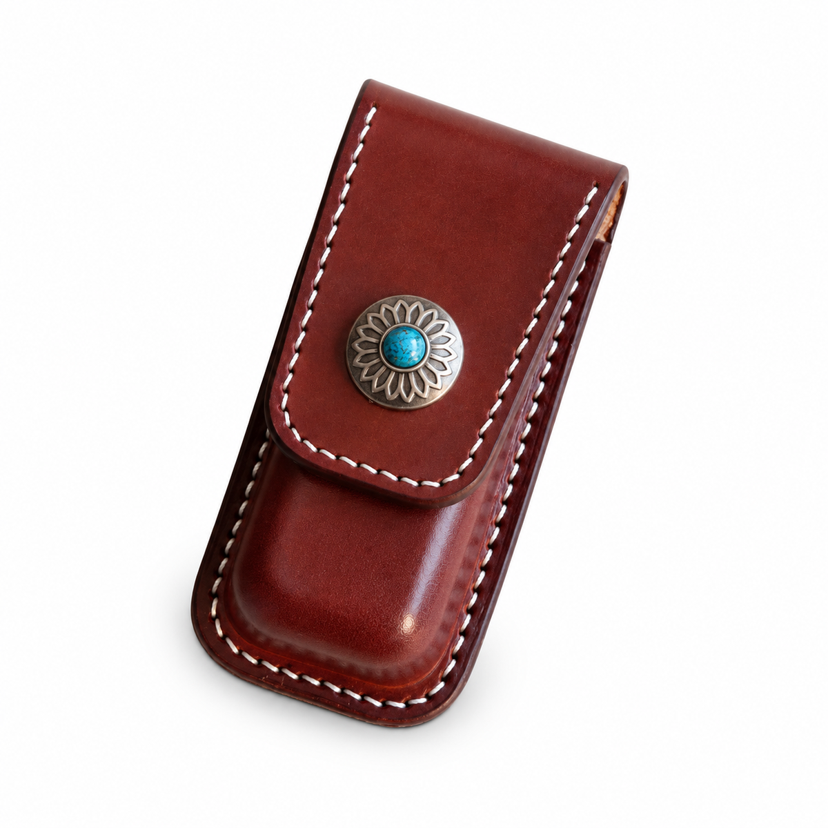 91mm SAK Champion Vegetable-Tanned Cowhide Leather Case - Brown Snap Closure